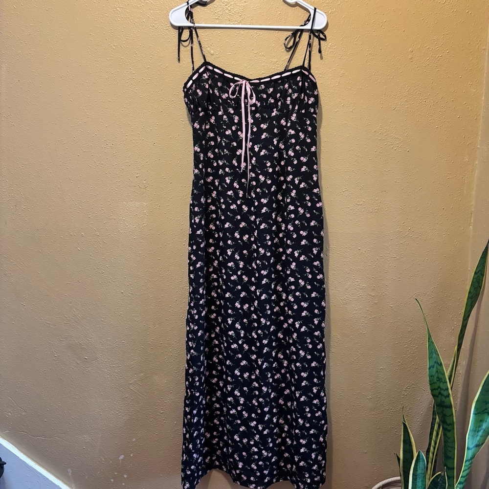 Kiss The Sky Black Floral Maxi Dress Pink Rose Ribbon Milkmaid NWT Large - Picture 5 of 10